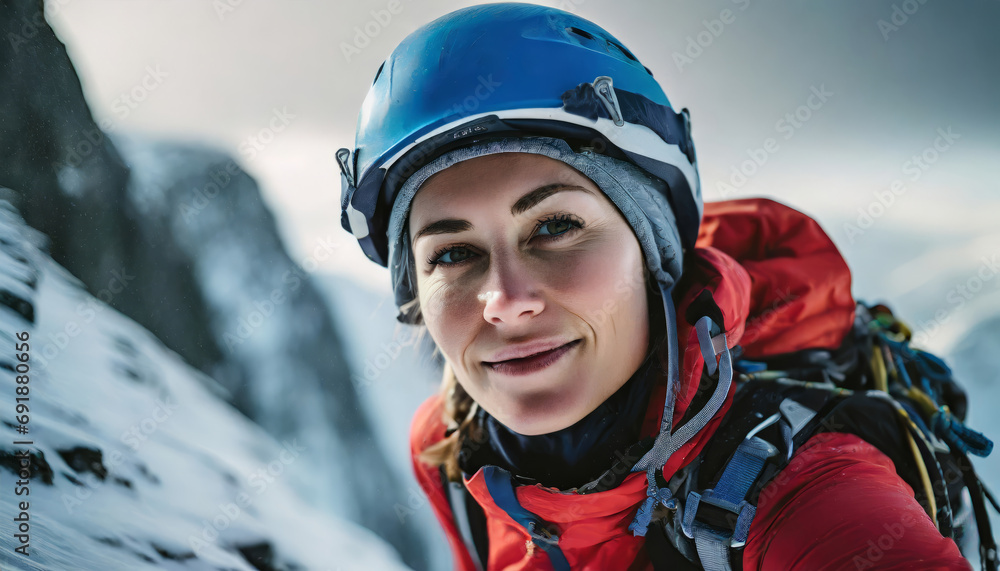A woman climber wearing a helmet. A woman climber wearing a helmet.
