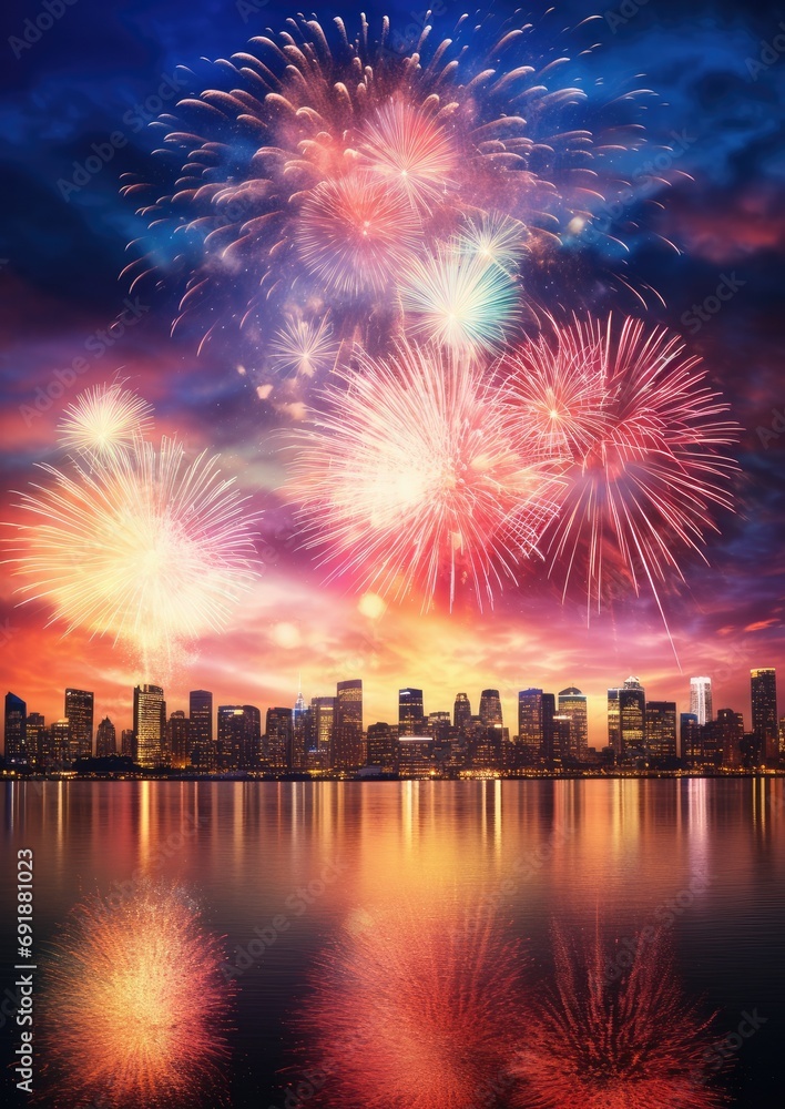 Obraz premium Night view on celebration of new year with colorful fireworks. Generative Ai.