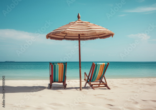 Generative AI image of two chairs and an umbrella at a white sandy beach