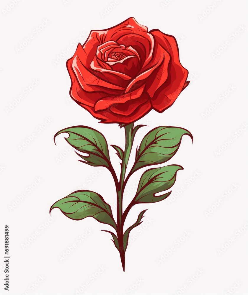 Elegant Red Rose Illustration with Green Leaves Elegant Red Rose Illustration with Green Leaves