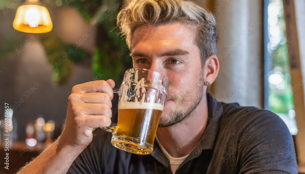 Man Enjoying Beer in a Cozy Bar Atmosphere Man Enjoying Beer in a Cozy Bar Atmosphere