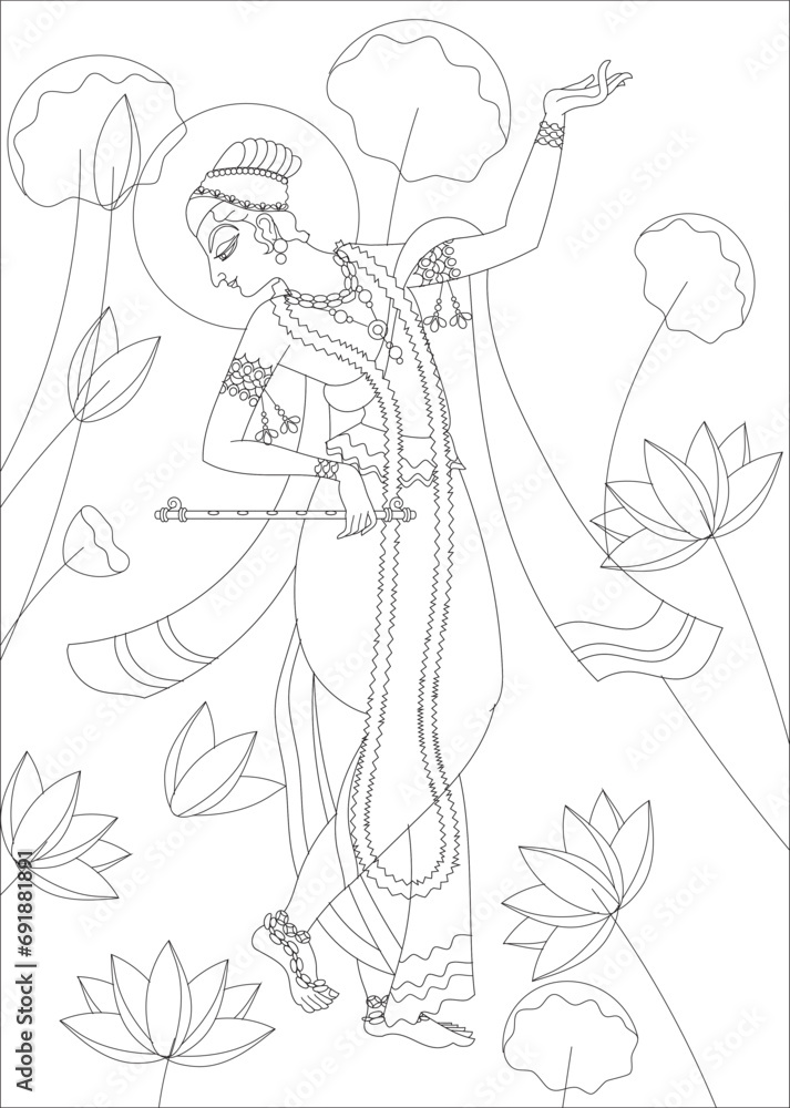 Lord Krishna in Indian mythology. Wall painting in Rajasthan India. Kalamkari. for a coloring book, textile fabric prints, phone case, greeting card. logo, calendar	