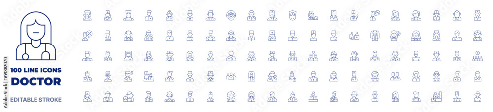 100 icons Doctor collection. Thin line icon. Editable stroke. Doctor icons for web and mobile app.