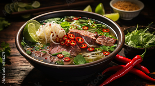 Pho Bo traditional Soup with beef rice noodles ginge