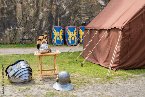 Historical campsite battlefield tent with armor.