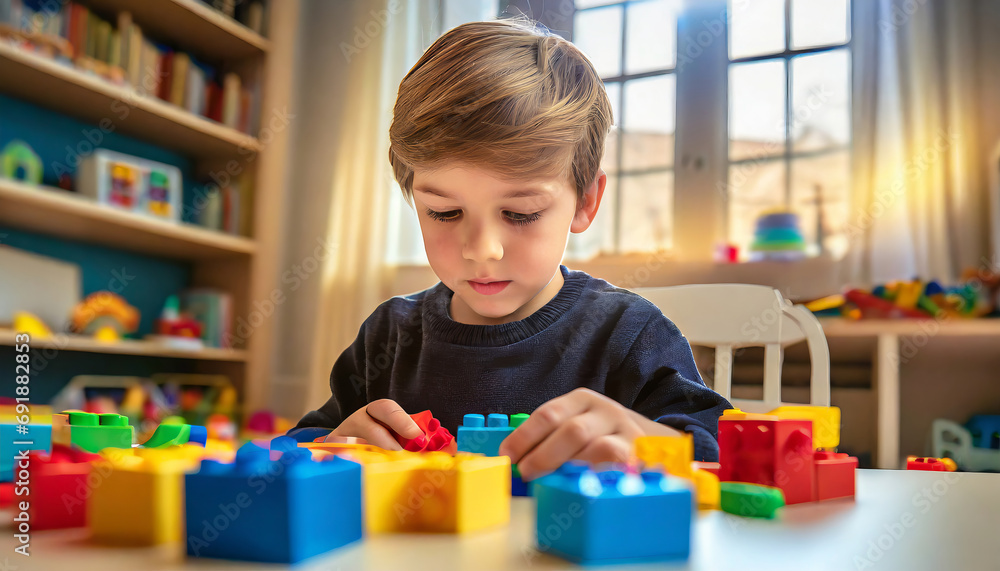 The boy is busy building from a colored construction set The boy is busy building from a colored construction set
