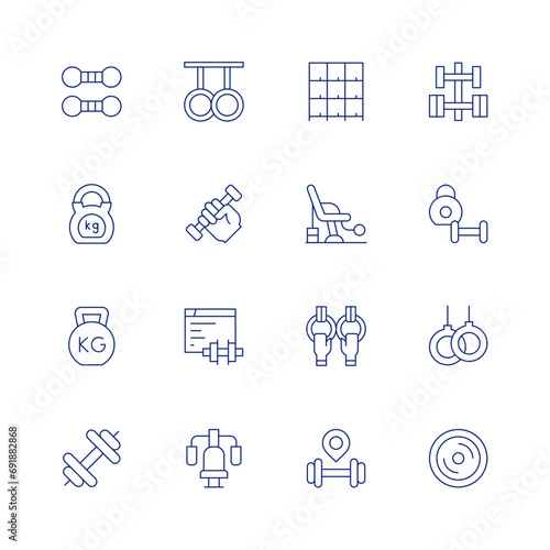 Gym line icon set on transparent background with editable stroke. Containing dumbbell, lockers, home, workout, rings, gymnastics, weight, gym, gym equipment, weightlifting, blogger, kettlebell.