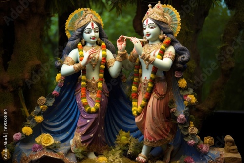 Statues of hindu god Krishna with his wife Radha, Generative AI