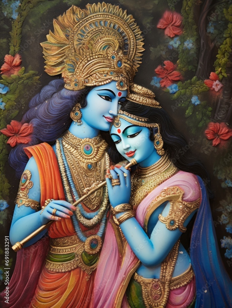 Closeup of Hindu God Sri Krishna and Radha art as in mythology in a temple, Generative AI