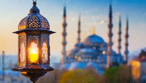 Lanterns in City with Mosque in the background during Ramadan. photo
