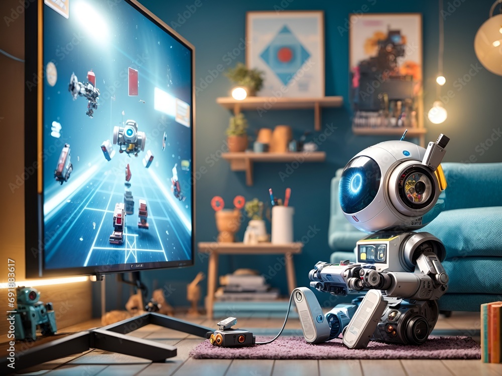 a cute robot playing video games