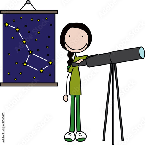 Cartoon illustration of a girl with a telescope and a poster featuring the Ursa Major constellation