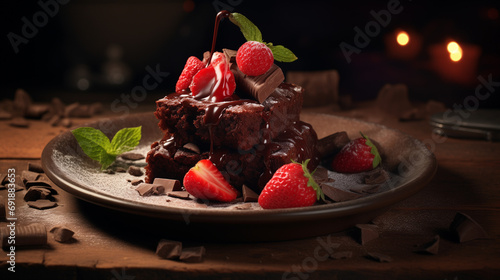 Brownies cake with strawberries, berries, chocholate sauce,  photo