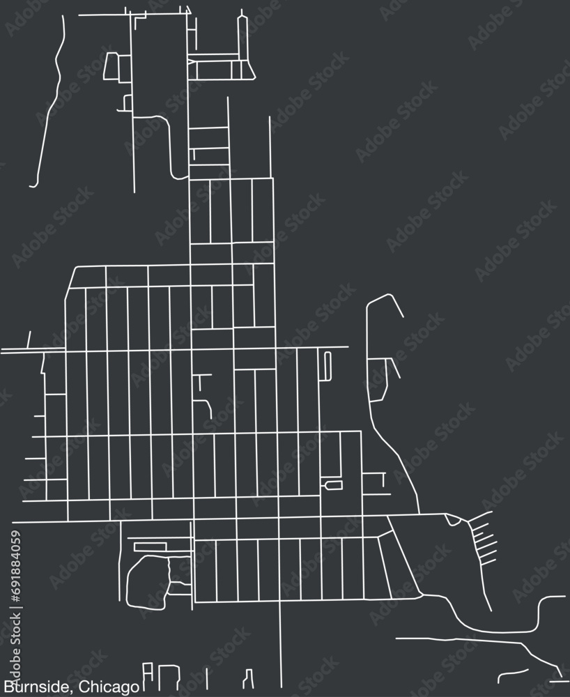 Detailed hand-drawn navigational urban street roads map of the BURNSIDE COMMUNITY AREA of the American city of CHICAGO, ILLINOIS with vivid road lines and name tag on solid background