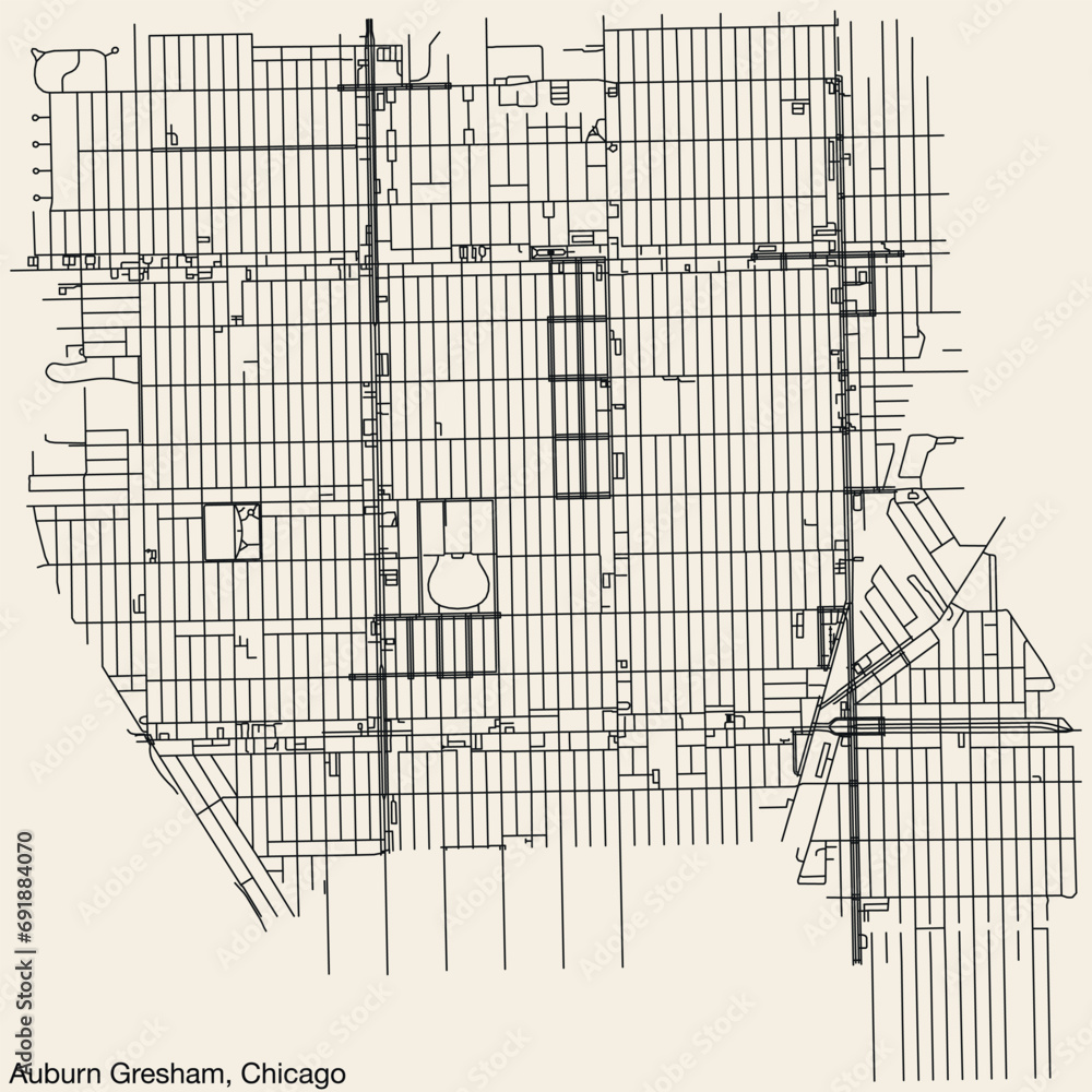 Fototapeta premium Detailed hand-drawn navigational urban street roads map of the AUBURN GRESHAM COMMUNITY AREA of the American city of CHICAGO, ILLINOIS with vivid road lines and name tag on solid background