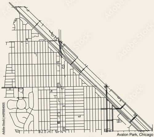 Detailed hand-drawn navigational urban street roads map of the AVALON PARK COMMUNITY AREA of the American city of CHICAGO, ILLINOIS with vivid road lines and name tag on solid background