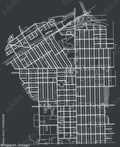 Detailed hand-drawn navigational urban street roads map of the BRIDGEPORT COMMUNITY AREA of the American city of CHICAGO, ILLINOIS with vivid road lines and name tag on solid background