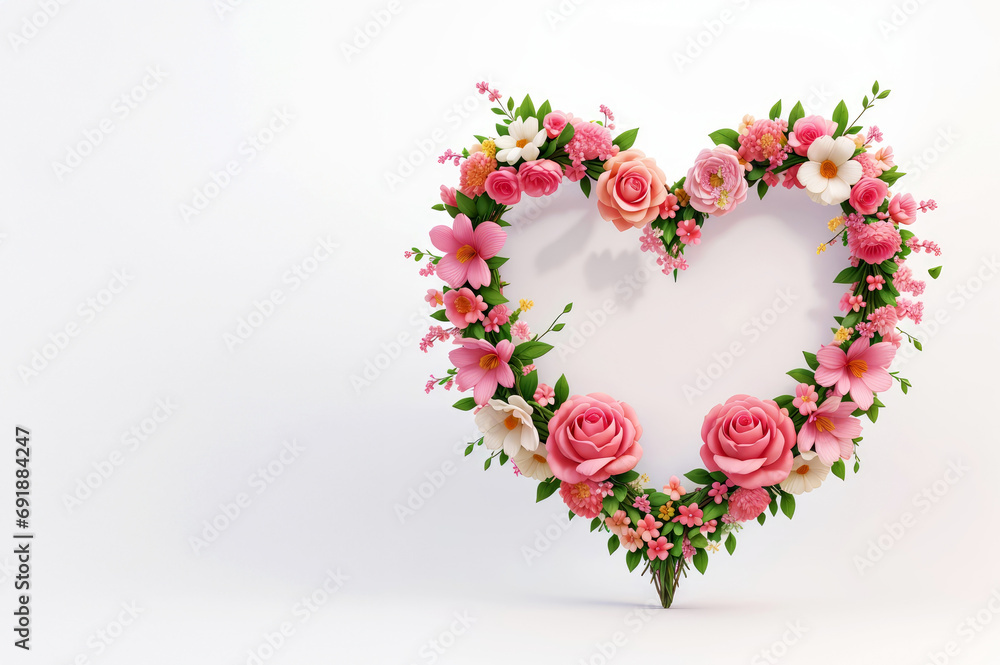 White heart shaped frame decorated with pink and red flowers on white background.