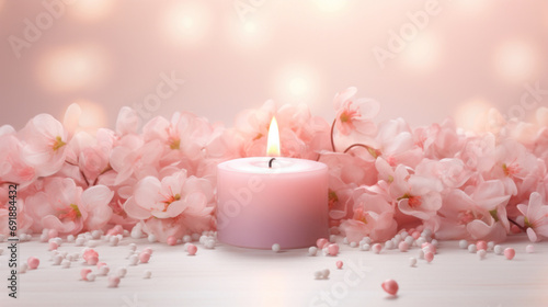 Mockup background with candle  pink flowers and petals on light background