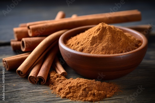 Cinnamon sticks and fine cinnamon powder isolated from top view.