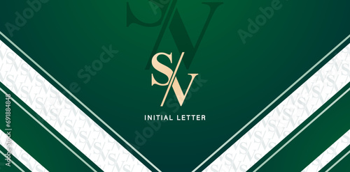 Vector illustration lettering SV with a pattern in green color backgrounds for business card, branding ads campaigns, letterpress, embroidery, covering invitations, envelope sign, golden foil material