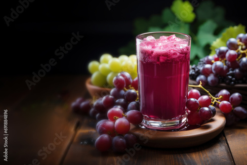 Glass of iced grape juice with fruits on dark background use for the National Grape Day