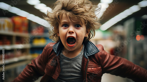 A child is screaming in a toy store. photo