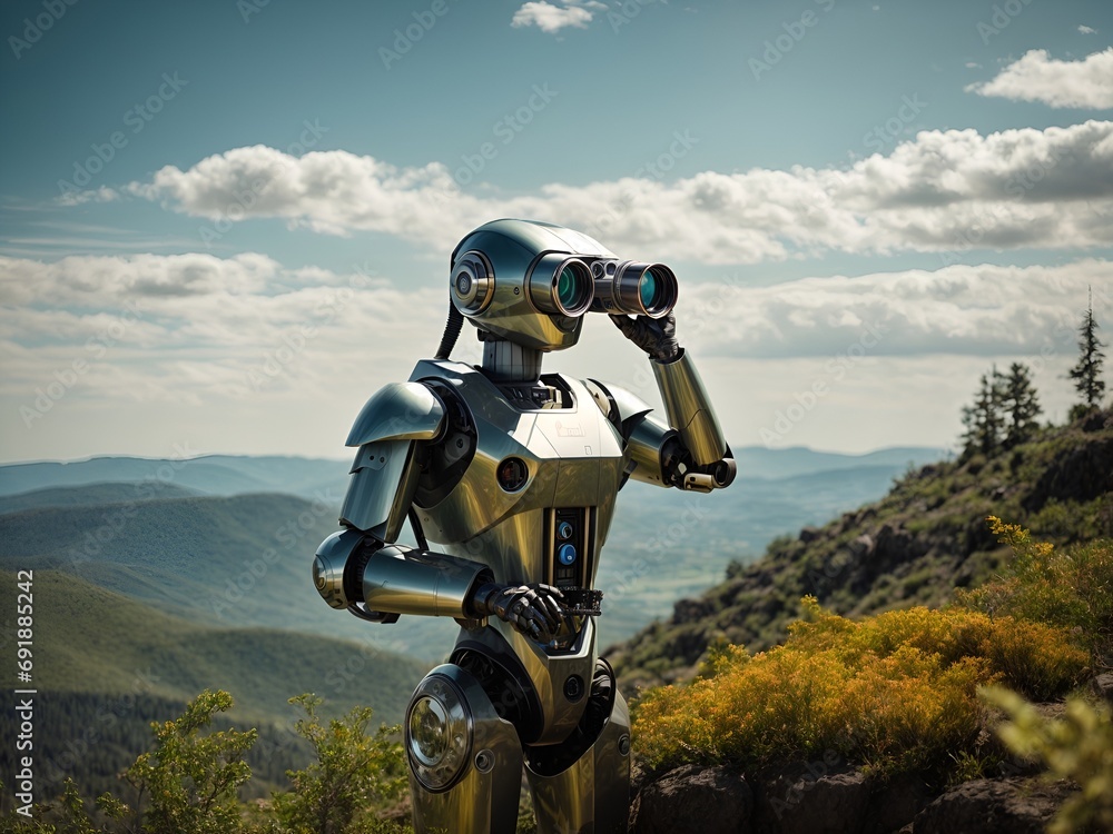 a robot looking through binoculars at a scenic landscape a robot looking through binoculars at a scenic landscape