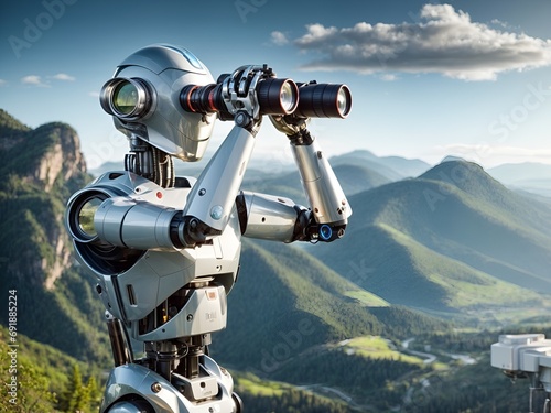 a robot looking through binoculars at a scenic landscape photo