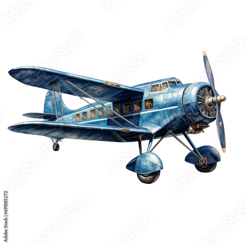 A blue motor biplane, isolated on a transparent background, PNG banner illustration, Post-processed generative AI