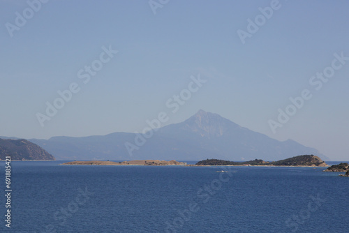 A view from the sea to Holy mount Athos, Halkidiki, Greece.