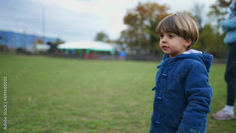 One small boy exploring farmland during autumn fall day, Child walking in nature observing surroundings One small boy exploring farmland during autumn fall day, Child walking in nature observing surroundings