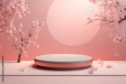 Cherry blossoms and round podium for product presentation. 3D rendering