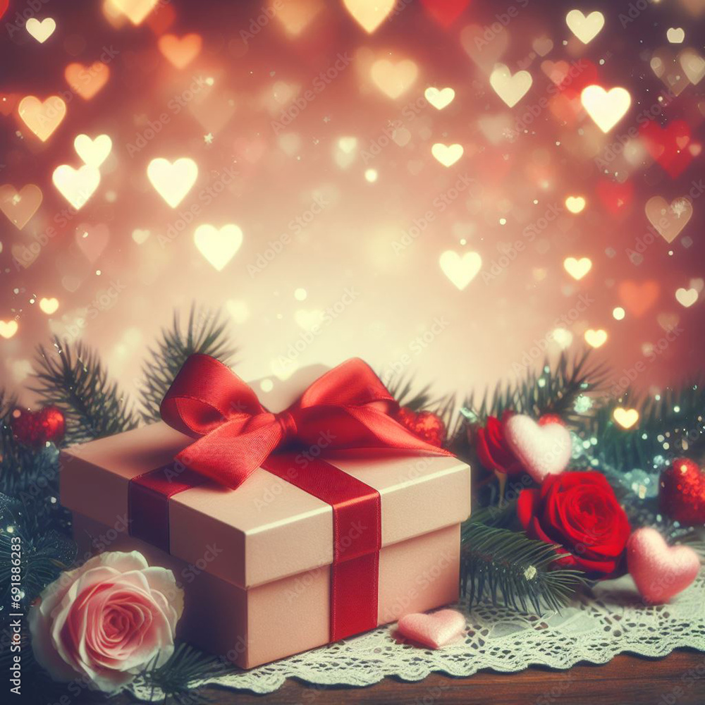 Obraz premium Valentine's Day background with festive decor elements and bokeh effect. Ideal for greeting cards, invitations, phone wallpapers, web sites and more. Created using generative ai tools