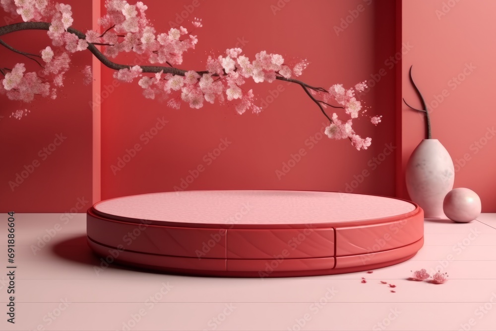 3d render of podium for product display with cherry blossom branch
