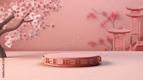 3d rendering of podium for product display with cherry blossom background.