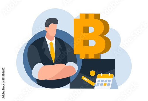 businessman with bitcoin digital money coin currency flat illustration