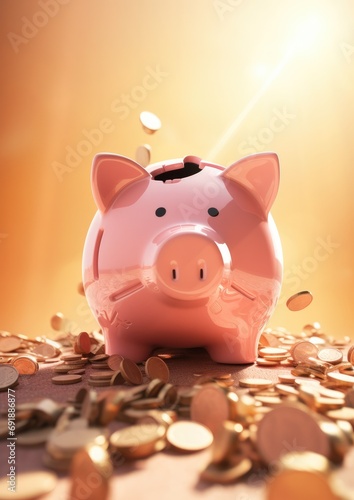 Kids pink piggy broken moneybox with nice sunlight, savings for future. Generative Ai. © annamaria