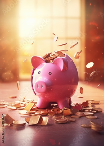 Kids pink piggy broken moneybox with nice sunlight, savings for future. Generative Ai.