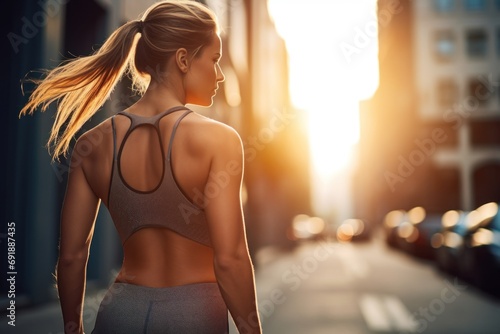 Happy woman jogging in city, portrait of running, healthy lifestyle concept. AI generative