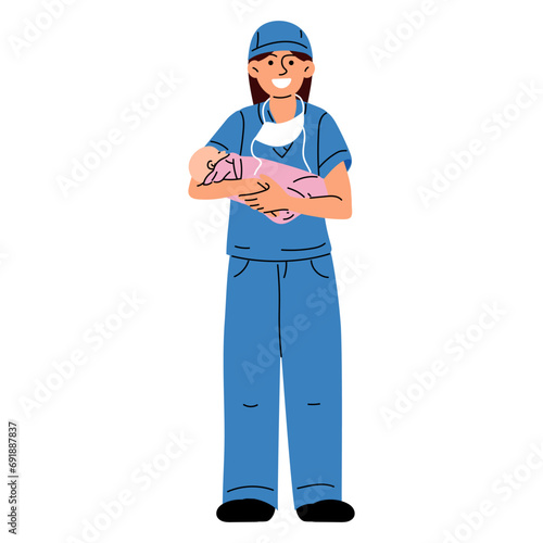 A midwife or a doctor with a newborn. A woman nurse, doctor or midwife smiles in a blue uniform, standing tall, holding a newborn girl in her arms in a maternity hospital vector illustration. Baby