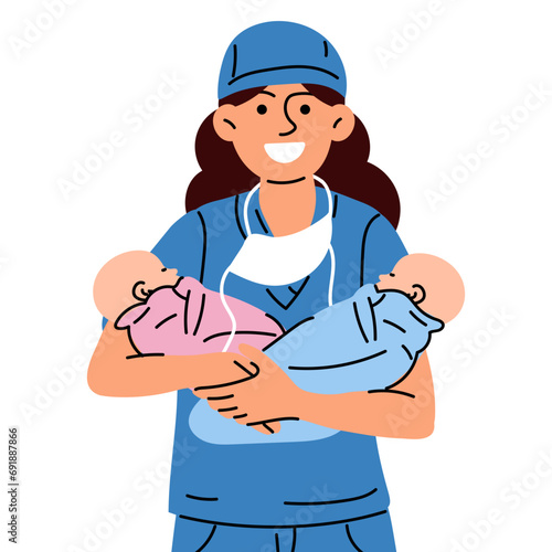 A midwife or a doctor with newborns. A woman nurse, doctor or midwife smiles in a blue uniform, standing holding different-sex newborn babies in her arms in a maternity hospital vector illustration