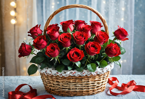 Red roses arranged in wicke...