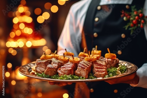 The waiter is holding a plate with grilled meat on the background of the Christmas tree. © Angus.YW