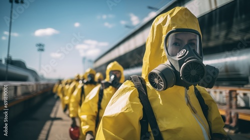 Сlose up people in yellow hazmat safety clothes and masks walking near the nuclear power station in a row