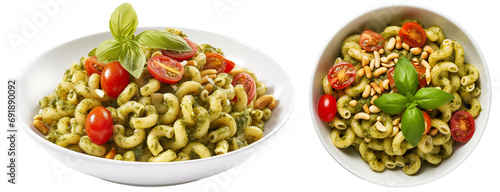 collection of two plates with Pesto Cavatappi with cherry tomatoes and pine nuts, side and top view, isolated on a white background