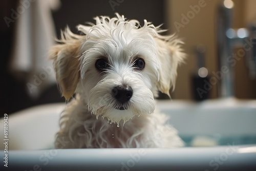 Cute Maltese puppy taking a bath in a bathtub.