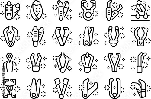 Tweezers icons set outline vector. Medical pincers. Health hospital metal
