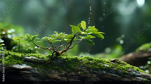 Tropical rain forest of Asia. Macro photo branch with moss and roots