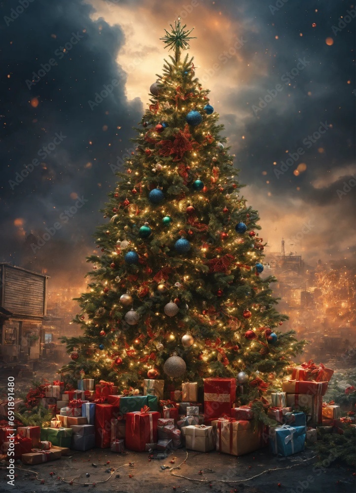 a Christmas tree with branches decorated with evil viruses sars covid 19 and bacterias and on the background add text number 2024 photorealistic style